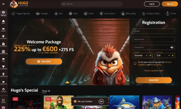 Hugo Casino zaslon na mobilnem telefonu